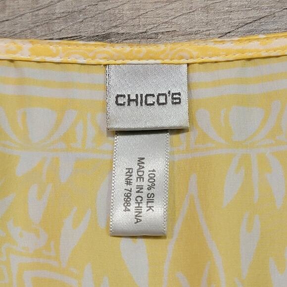 Chicos OS Silk Kimono Top Yellow Short Sleeve Long V Neck Tunic Flowy Lagenlook - Picture 3 of 6